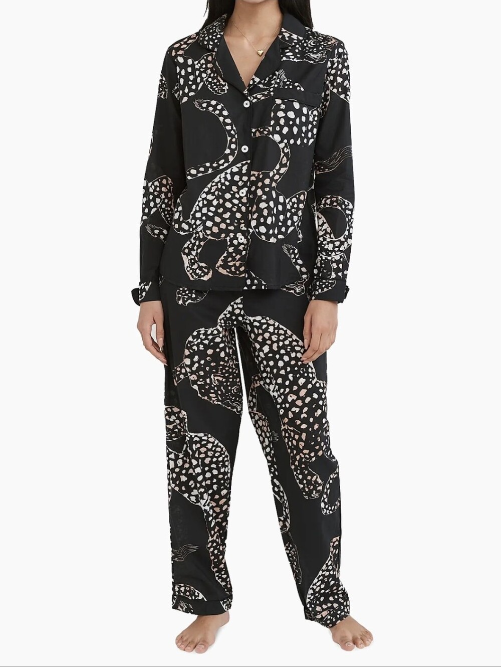 Desmond & Dempsey Jaguar Print Cotton Pajama Set Black Pink Button Front Size L